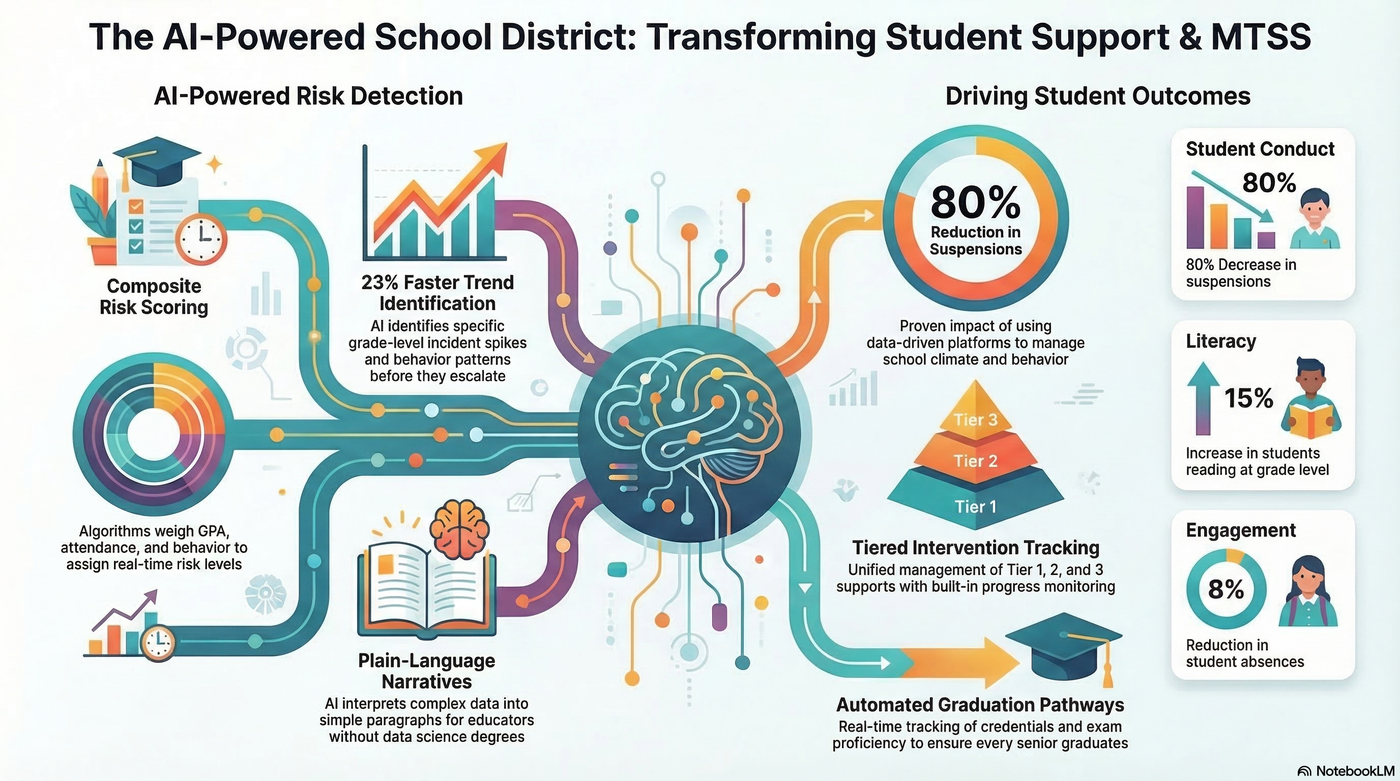 The AI-Powered School District: Transforming Student Support & MTSS — showing 80% reduction in suspensions, 15% increase in literacy, 8% reduction in absences, composite risk scoring, 23% faster trend identification, plain-language narratives, tiered intervention tracking, and automated graduation pathways.